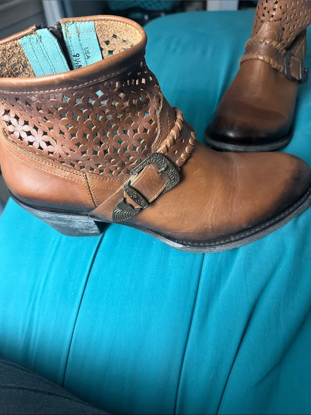 Women's Perforated Leather Ankle Boot with Decorative Buckle - Brown